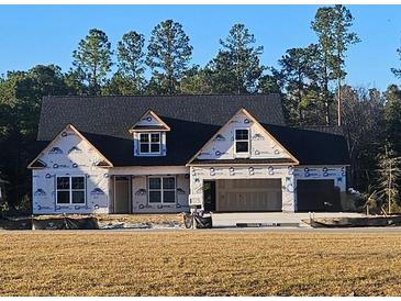New construction home displaying modern architectural style with a dark roof, bright white trim, and an attached two-car garage at 313 Tack House Rd, Huger, SC 29450