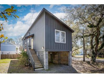 Two-story modern home featuring a raised foundation and a vertical plank design for a contemporary look at 1981 Central Park Rd, Charleston, SC 29412