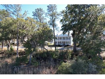 Charming two-story home with a balcony, seen amidst a lush landscape of trees and greenery at 4070 Egret Perch Ct, Ravenel, SC 29470