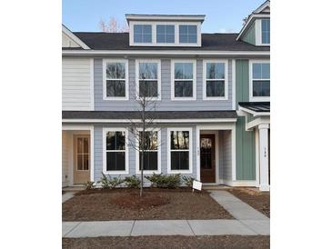 New two-story townhome with a light blue exterior and well-maintained landscaping at 149 Cantona Dr, Summerville, SC 29483