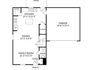 Layout of the floor plan including the kitchen, garage, dining, Gathering room, and patio at 4183 Rising Tide Dr, Summerville, SC 29485