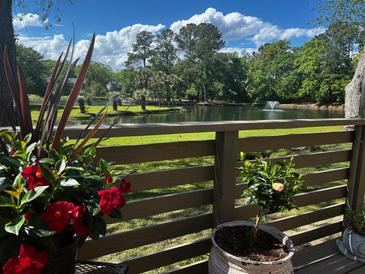 Scenic backyard view from a deck, showcasing a serene pond with a fountain and lush greenery at 927 Dills Bluff Rd # 33, Charleston, SC 29412