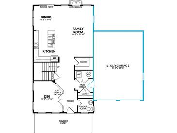 An open floor plan showcasing the kitchen, Gathering room, dining area, den, and garage at 1601 Trailmore Ln, Summerville, SC 29486