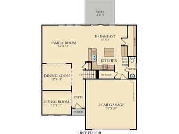 First floor plan featuring open kitchen, Gathering, and dining rooms plus two-car garage and patio at 513 Verdi Dr, Summerville, SC 29486