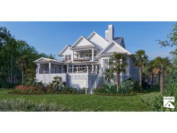 Stunning two-story home with white siding, multiple balconies, and lush landscaping at 1077 Ship Builder St, Charleston, SC 29492