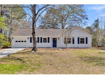 Charming one-story home with freshly painted white brick and dark blue shutters at 202 Basswood Ave, Summerville, SC 29483