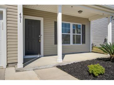 Charming home exterior featuring a covered porch, neutral siding, and landscaped front yard at 491 Fox Sparrow Ct, Summerville, SC 29486