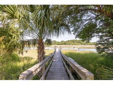 Scenic dock view with a palm tree and surrounding marsh leading to serene waterway at 178 Beresford Creek St, Daniel Island, SC 29492