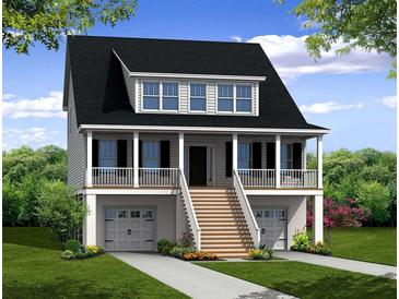 Inviting raised beach home with a covered porch, garage, and classic design elements at 102 Tidewater Way, Charleston, SC 29492