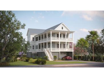 Charming two-story coastal home with double porches, lush landscaping, and convenient ground-level garage at 343 Simone Dr, Daniel Island, SC 29492