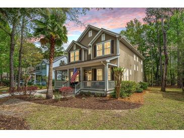 Charming two-story home with a welcoming front porch, American flag, palm tree, and a well-manicured lawn at 1883 Hall Point Rd, Mount Pleasant, SC 29466