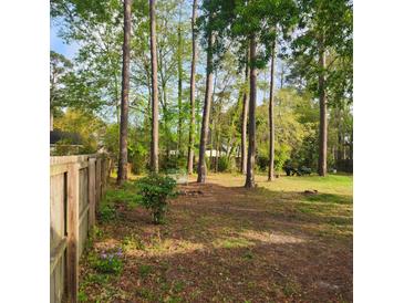Large backyard featuring mature trees and wood fence at 129 Bramwell Dr, Summerville, SC 29485