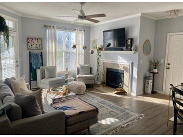 Bright living room featuring a fireplace, ceiling fan and natural light from the large window at 45 Sycamore Ave # 536, Charleston, SC 29407