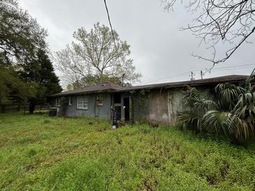 Overgrown backyard view of a weathered single story home needing repair at 75 Rentz St, Varnville, SC 29944