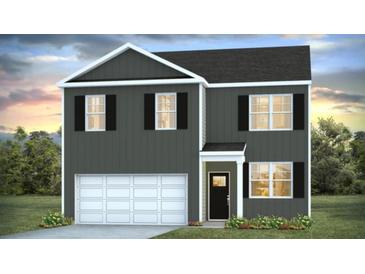 Two-story home featuring gray siding, black shutters, and an attached two-car garage, set against a sunset backdrop at 1048 Forrest Creek Dr, Summerville, SC 29483