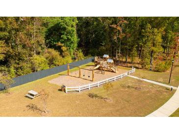 Community playground featuring swings, slides, and a picnic table, all surrounded by a wooded area at 181 Morning View Way, Moncks Corner, SC 29461