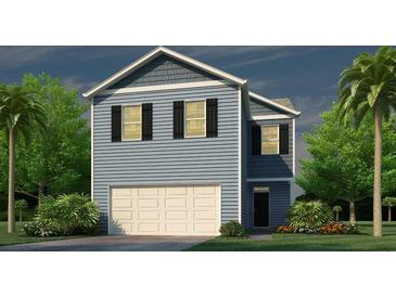 Charming two-story home with blue siding, black shutters, manicured lawn, and a two-car garage at 298 Watersglen Dr, Summerville, SC 29486