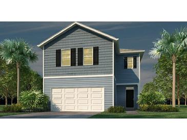 Charming two-story home with blue siding, black shutters, and a two car garage at 384 Willows Crescent Dr, Moncks Corner, SC 29461