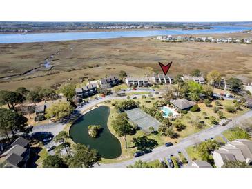 Gorgeous aerial view of waterfront community with marsh views, pool, tennis court, and waterway access at 165 River Breeze Dr, Charleston, SC 29407