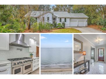 Real estate collage featuring the home's exterior, kitchen, foyer, and beach view at 26 Edgewater Aly, Isle of Palms, SC 29451