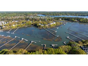 Stunning aerial view of waterfront property with private docks and lush green surroundings on Eutaw Battalion Drive at 1470 Eutaw Battalion Dr, Charleston, SC 29412