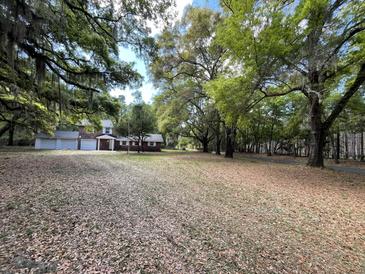 Spacious front yard with mature trees and lush landscaping surrounding a charming brick home at 8392 Herbert Smalls Rd, Edisto Island, SC 29438