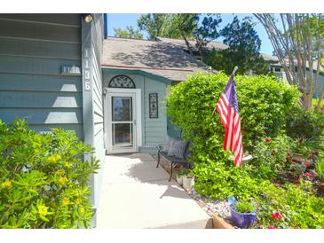 Charming home entrance featuring a decorative door, lush greenery, and a welcoming American flag, offering curb appeal at 1136 Shadow Lake Cir # 54, Mount Pleasant, SC 29464