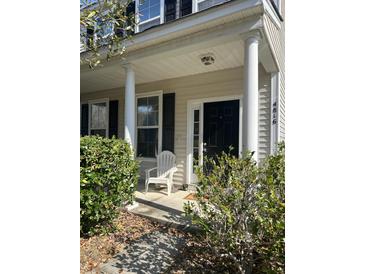 Charming front porch featuring classic columns, a black front door, and complemented by lush green bushes at 4816 Cane Pole Ln, Summerville, SC 29485