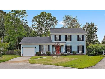 Charming two-story home with blue siding, black shutters, red door and a well-manicured front yard at 205 Lynton Ct, Goose Creek, SC 29445
