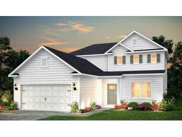 Charming two-story home with white siding, black roof, and a two-car garage at 154 Royal Cainhoy Way, Huger, SC 29450