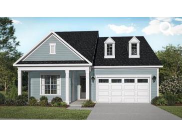 Charming one-story home with blue siding, black roof, white trim, a covered entry, and an attached two-car garage at 428 Evening Glow Ln, Summerville, SC 29486