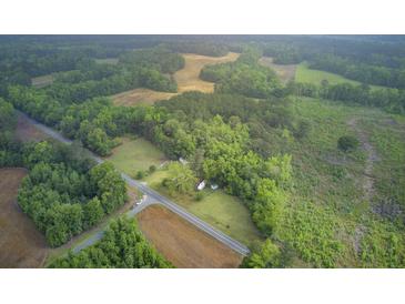 Sprawling property featuring a home surrounded by lush greenery and fields viewed from above at 1050 Mt Zion Rd, Saint George, SC 29477
