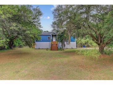 Charming home featuring a blue exterior, complemented by a well-maintained lawn and mature trees at 5669 Sands Rd, Hollywood, SC 29449