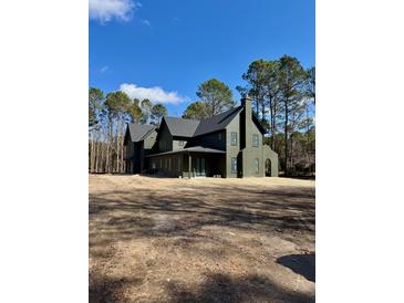 View of an expansive dark green home with a chimney surrounded by trees at 2151 River Road, Johns Island, SC 29455