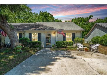 Charming home featuring a manicured lawn, decorative chairs, and mature trees in a tranquil setting at 1571 Blaze Ln, Charleston, SC 29412