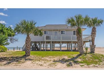 Charming raised beach house with palm trees and ocean views at 128 Palmetto Blvd, Edisto Beach, SC 29438