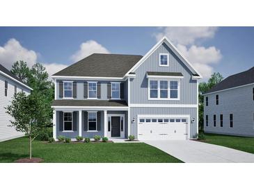 Charming two-story home with a modern color palette, black shutters, and a two-car garage on a sunny day at 142 Seaton St, Summerville, SC 29486