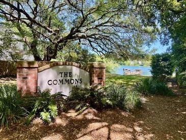 The Commons entrance sign surrounded by greenery and leading to a lake with a dock at 1578 Harborsun Dr, Charleston, SC 29412