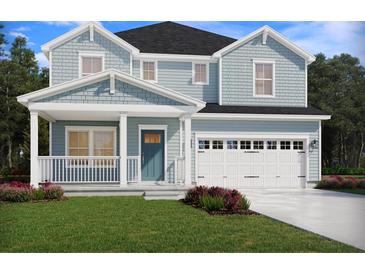 Charming two-story home featuring light blue siding, covered front porch, and a two-car garage at 105 Indigo Cove Blvd, Summerville, SC 29486