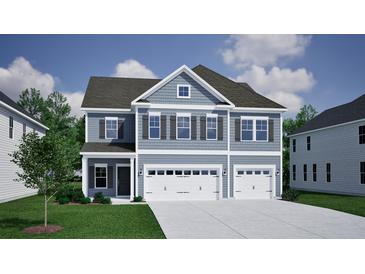 Charming new construction townhouse featuring a two-car garage, gray siding, and a well-manicured lawn at 122 Crosscut Ln, Summerville, SC 29486