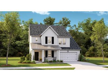 Charming two-story home featuring white siding, black shutters, and a covered front porch, nestled among mature trees at 1033 Tea Time Dr, Summerville, SC 29485