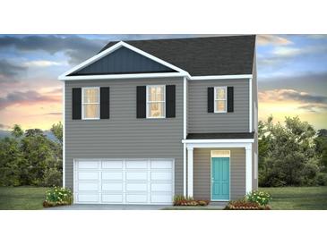 Charming two-story home with gray siding, black shutters, and a bright teal front door at 318 Watersglen Dr, Summerville, SC 29486