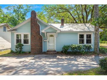 Charming light blue one-story home with brick chimney and well-manicured landscaping in the front yard at 309 Padgett Loop, Walterboro, SC 29488