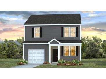 Charming two-story home with gray siding, black shutters, and a one-car garage with manicured landscaping at 317 Salvia Sq, Moncks Corner, SC 29461