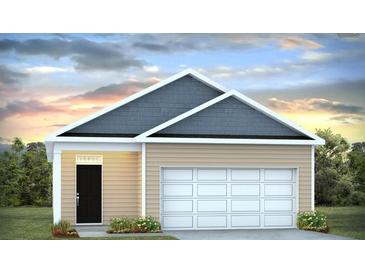 Single-story home showcasing a two-car garage and a neatly landscaped front yard with black front door and tan siding at 416 Mistflower Ln, Moncks Corner, SC 29461