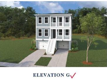 Charming three-story home with a two-car garage, white stairs, and gray siding, nestled among mature trees at 754 Minton Rd, Charleston, SC 29414