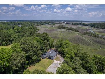 Beautiful aerial view of home nestled amongst lush trees and serene marshland landscape at 2340 Ashley River Rd, Charleston, SC 29414