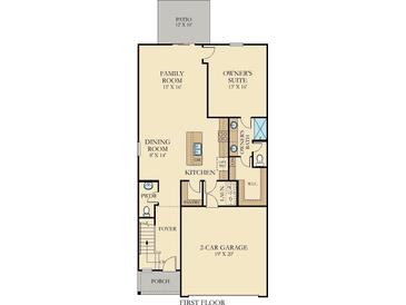 First floor floor plan including kitchen, dining room, living room, owner's suite and 2-car garage at 602 Quiet Valley Rd, Summerville, SC 29486