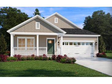 Charming single-Gathering home features a landscaped front yard, a covered porch, and a two-car garage with a green front door at 109 Indigo Cove Blvd, Summerville, SC 29486