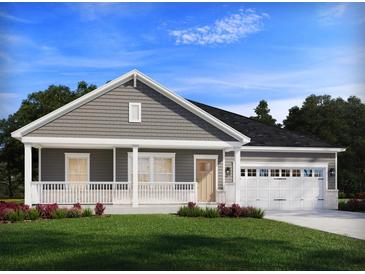 Charming single-Gathering home features a covered front porch and two-car garage on a well-manicured lawn at 423 Radiant Blue Way, Summerville, SC 29486